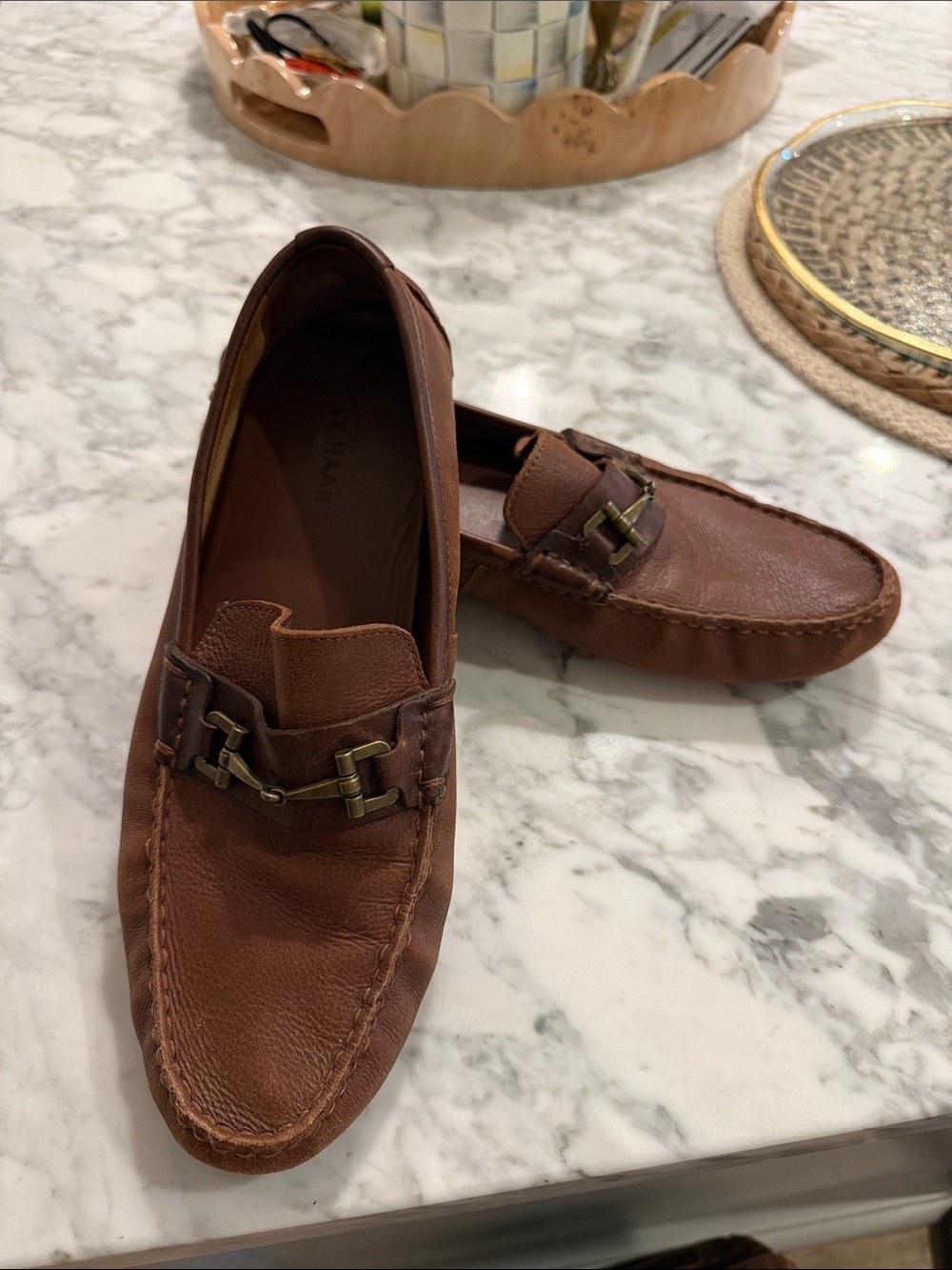 Cole Haan Brown Leather Slip-On Loafers with Metal Bit